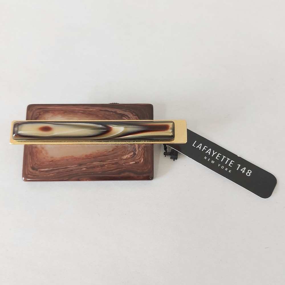 NWT New Lafayette 148 New York Gold Tone Brown Marble Resin Brooch Pin Italy